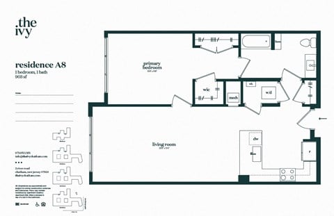 Floor plan for 1 bed, 1 bath, 903 sqft